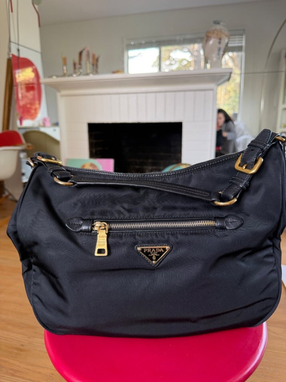 Prada Milano Black Nylon Shoulder Bag With Gold Hardware